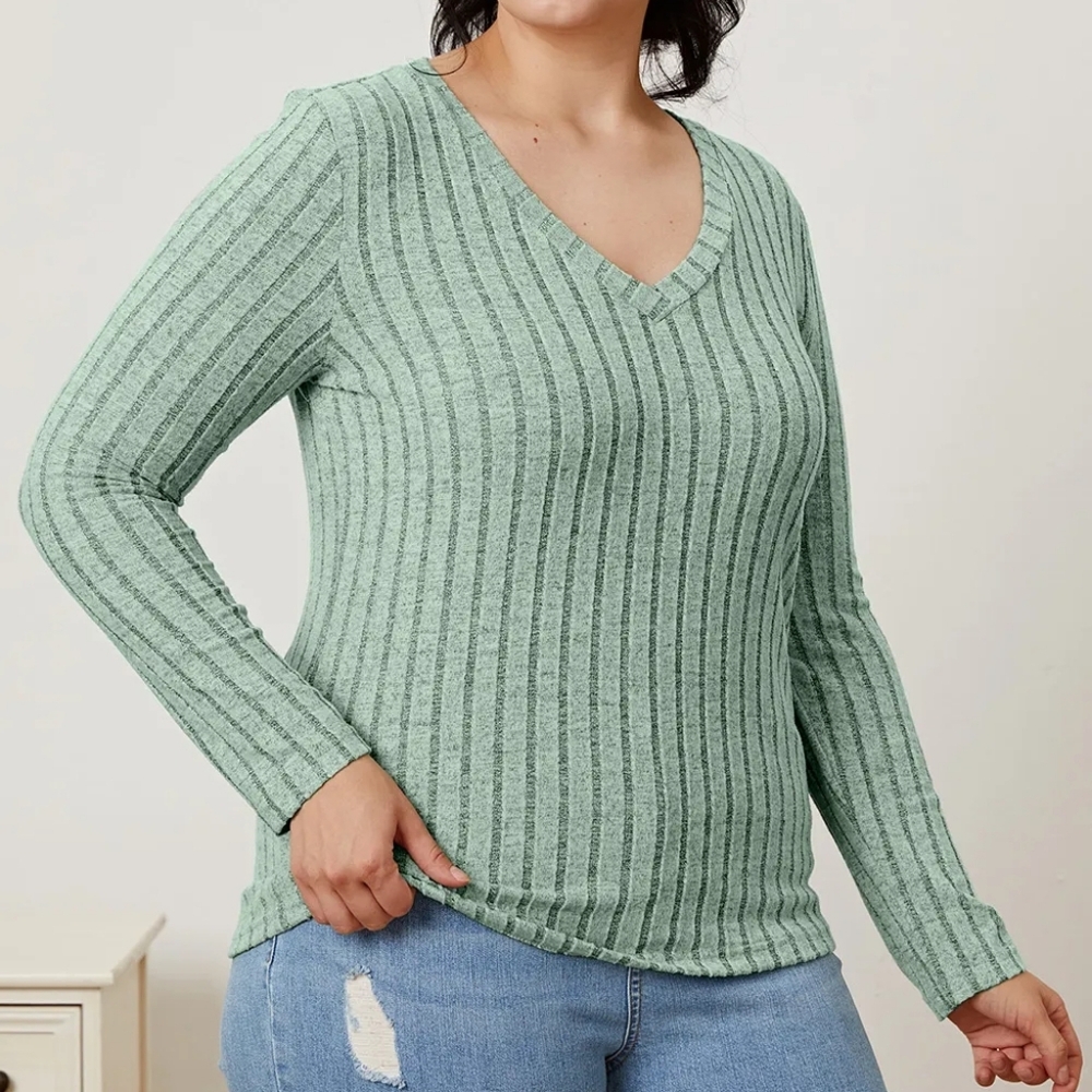 Teal Ribbed V-Neck Long Sleeve Knit Top – Slim Fit Lightweight Sweater